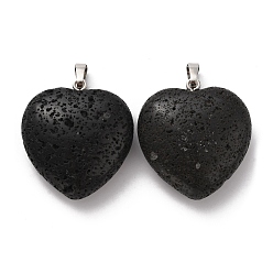 Lava Rock Natural Lava Rock Pendants, Heart Charms, with Rack Plating Platinum Tone Brass Snap on Bails, 32~33x30~31x12~13mm, Hole: 5x8mm