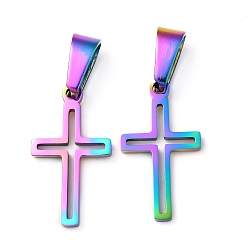 Rainbow Color Ion Plating(IP) 304 Stainless Steel Pendants, Hollow, Cross, Rainbow Color, 19.5x11x1.2mm, Hole: 3.5x7mm