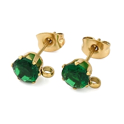 Изумруд Ионное покрытие (ip) 304 фурнитура для сережек-гвоздиков из нержавеющей стали с кубическим цирконием, круглые, изумруд, 9x6 мм, отверстие : 1.8 мм, штифты : 16x0.7 мм