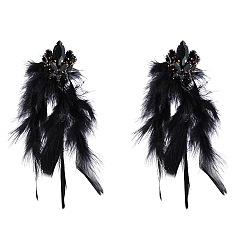 black Exaggerated Alloy Inlaid Rhinestone Flower Long Feather Tassel Earrings for Women Bohemian Artistic Chic Ear Jewelry
