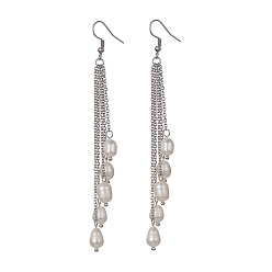 Stainless Steel Color Natural Pearl Beads Dangle Earrings, 304 Stainless Steel Chains Tassel Earrings, Stainless Steel Color, 104mm