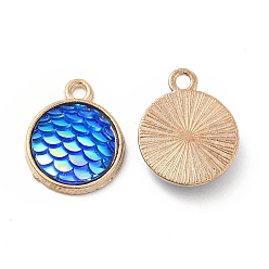 Blue Alloy Resin Pendants, AB Color, Flat Round Charms with Scales Pattern, Golden, Blue, 17x13.7x4mm, Hole: 1.8mm