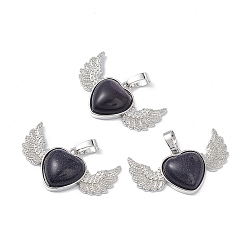 Blue Goldstone Synthetic Blue Goldstone Pendants, Heart Charms with Wing, with Platinum Tone Brass Findings, 22x37.5x7mm, Hole: 7.5x5mm