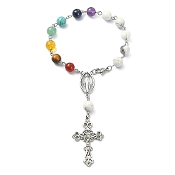 Howlite Natural Howlite & Mixed Gemstone Rosary Bead Bracelet, Alloy Cross & Virgin Mary Charm Bracelet for Women, 7-1/4 inch(18.5cm)