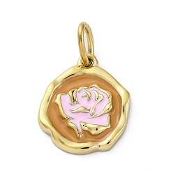 (932FM) Темно-синий аква-матовый с подкладкой 304 нержавеющей стальной эмали подвески, с целью перехода в кольце, плоская круглая с подвеской в виде цветка, реальный 14 k позолоченный, ионное покрытие (ip), темно-золотистые, 15.5x13.5x2.5 мм, отверстие : 5x3 мм