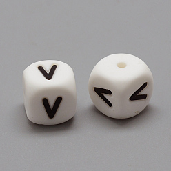 Letter V Food Grade Eco-Friendly Silicone Beads, Chewing Beads For Teethers, DIY Nursing Necklaces Making, Letter Style, Cube, Letter.V, 12x12x12mm, Hole: 2mm
