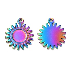 Rainbow Color Ion Plating(IP) 304 Stainless Steel Pendant Cabochon Settings, Sun Charms, Rainbow Color, Tray: 8mm, 20.5x17.5x2mm, Hole: 1.6mm