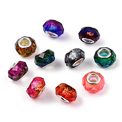 Mixed Color Transparent Resin European Beads, Imitation Crystal, Two-Tone Large Hole Beads, with Silver Tone Brass Double Cores, Faceted, Rondelle, Mixed Color, 14x8.5mm, Hole: 5mm