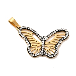 Golden Ion Plating(IP) 304 Stainless Steel Rhinestone Pendants, Hollow Butterfly Charms, Golden, 17x28.5x2mm, Hole: 6x2.5mm