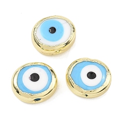 Светло-Голубой Ручной зло бусины глаз, плоско-круглые, с латунным, стойки покрытие, Небесно-голубой, 20.5~21x16~17x9~12 мм, отверстие : 3.5~4 мм