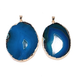 Blue Natural Agate Big Pendants, Oval Charms, Dyed & Heated, with Golden Plated Brass Findings, Blue, 50~62x33~43x5~7mm, Hole: 7.5x4.5mm