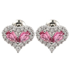 Pink Серьги-гвоздики в форме сердца из кубического циркония, стеллаж для латунных украшений для женщин, платина, розовые, 9.5x11 мм
