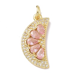 Pink Rack Plating Brass Micro Pave Cubic Zirconia Pendants, with Jump Ring, Cadmium Free & Lead Free, Long-Lasting Plated, Golden, Moon, Pink, 25x12x3.5mm, Hole: 3.5mm, Jump Ring: 6x1mm, 3.5mm Inner Diameter