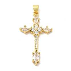 Real 18K Gold Plated Rack Plating Brass Micro Pave Cubic Zirconia Pendants, Long-Lasting Plated, Lead Free & Cadmium Free, Cross Charm, Religion, Real 18K Gold Plated, 34x19.5x3.5mm, Hole: 5x3mm