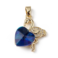 Средно-синий Настоящие позолоченные подвески из латуни с микропаве из прозрачного кубического циркония, со стеклом, долговечный, без кадмия и без свинца, фламинго с сердечком, светло-синий, 18 мм, отверстие : 24x19x8 мм