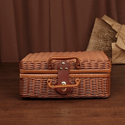 Chocolate Plastic Imitation Rattan Storage Box, with Handle, Rectangle, Chocolate, 22x11x17cm