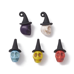 Mixed Color Synthetic Turquoise Dyed Pendants, Halloween Skull Charms with Black Alloy Witch Hat, Mixed Color, 22x11x11mm, Hole: 2mm