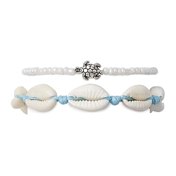 White 2Pcs 2 Style Glass Seed & Alloy Turtle Beaded Stretch Bracelets Set, Natural Shell Braided Bead Bracelets for Women, White, Inner Diameter: 1-7/8~3-1/4 inch(4.7~8.2cm), 1Pc/style