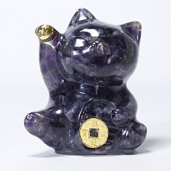 Amethyst Natural Amethyst Chip & Resin Craft Display Decorations, Lucky Cat Figurine, for Home Feng Shui Ornament, 63x55x45mm