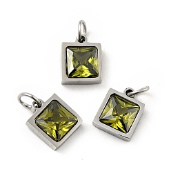 Olive Drab 304 Stainless Steel Pendants, with Cubic Zirconia and Jump Rings, Single Stone Charms, Square, Stainless Steel Color, Olive Drab, 9.5x8x3.5mm, Hole: 3.4mm
