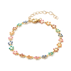 Colorful Brass Enamel Link Chain Bracelets, Flower, Colorful, 7-1/4 inch(18.5cm)