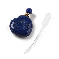 Ляпис-Лазурь Подвески для флаконов духов из натурального лазурита, для эфирного масла, духи, с золотыми латунными выводами и пипетками, сердце, 42x29~32x12~12.5 мм, отверстие : 1.5~1.8 мм