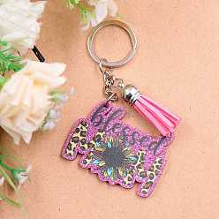 Magenta Glitter Word Blessed Mom with Sunflower Acrylic Pendant Keychain, with Tassel and Iron Findings, for Mother's day Gift Keychain, Magenta, 3.8x5cm