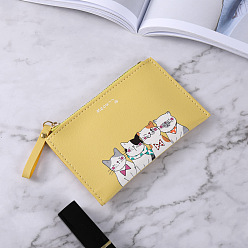 Yellow PU Leather Credit Card Storage Bags, Cute Small Wallet for Women Girls, Rectangle with Cat Pattern, Yellow, 95x115x20mm