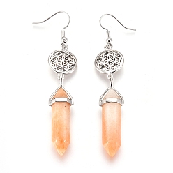 Pink Aventurine Pointed Bullet Natural Pink Aventurine Dangle Earrings, with Brass Earring Hooks and Flat Round with Flower of Life Links, Platinum, 77mm, Pin: 0.7mm