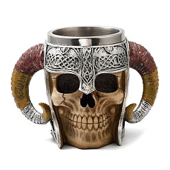 Stainless Steel Color Halloween Stainless Steel Skull Mug, Resin Goat Horn Skeleton Viking Beer Cup, for Home Decorations Birthday Gift, Stainless Steel Color, 95x185x130mm, Capacity: 500ml