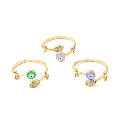 Mixed Color Clear Cubic Zirconia Leaf & Enamel Evil Eye Open Cuff Ring, Real 18K Gold Plated Brass Jewelry for Women, Cadmium Free & Nickel Free & Lead Free, Mixed Color, US Size 7 3/4(17.9mm)