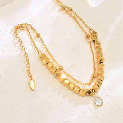 Real 18K Gold Plated Elegant Brass Glass Teardrop Charm Double-Layer Foot Chain Anklets for Women, Real 18K Gold Plated, 8-1/4 inch(210mm)