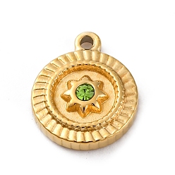 Перидот 304 из нержавеющей стали горный хрусталь подвески, плоское круглое солнце, ионное покрытие (ip), реальный 14 k позолоченный, перидот, 12.5x10x3 мм, отверстие : 1.2 мм