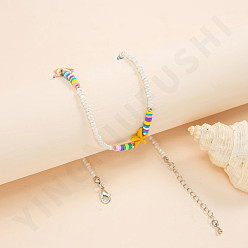 A white starfish Bohemian Colorful Rice Bead Handmade Necklace - Fashionable Seashell Soft Pottery Love Collar Chain.