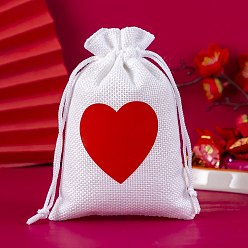 Red Burlap Heart Print Packing Pouches, Drawstring Bags, for Presents, Valentine's Day Party Favor Gift Bags, Rectangle, Red, 15x10cm