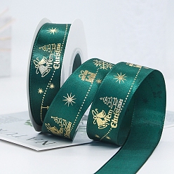 Teal 22M Flat Christmas Gift Box Printed Polyester Satin Ribbons, Hot Stamping Ribbons, Teal, 1 inch(25mm), about 24.06 Yards(22m)/Roll
