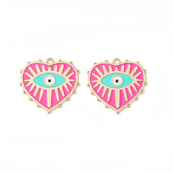 Deep Pink Rack Plating Alloy Enamel Pendants, Golden, Heart with Evil Eye Charm, Deep Pink, 27x28x1.4mm, Hole: 2mm