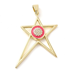 Deep Pink Real 18K Gold Plated Brass Clear Cubic Zirconia Pendants, with Enamel, Star, Deep Pink, 40x29x3.5mm, Hole: 6.5x3.7mm
