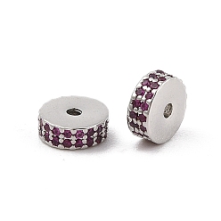 Фуксин Стойки обшивки латунь микро проложить кубического циркония бусы, долговечный, без свинца и без кадмия, Плоский круглый / диск, Реальная платина, фуксиново-красные, 7.5x3 мм, отверстие : 1.4 мм