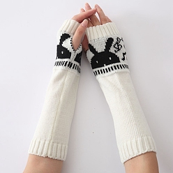 White Polyacrylonitrile Fiber Yarn Knitting Long Fingerless Gloves, Arm Warmer, Winter Warm Gloves with Thumb Hole, Rabbit Pattern, White & Black, 320x80mm