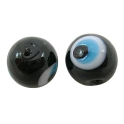 Black Handmade Lampwork Beads, Evil Eye, Round, Black, about 10mm in diameter, hole: 1mm