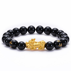 10MM-Black Agate Pixiu Bracelet Natural Black Agate Pixiu Bracelet with Six-Word Mantra Buddhist Beads and Obsidian Lucky Charm Jewelry