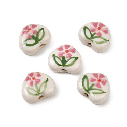 Серо-розавый Фарфоровые бусины ручной работы, сердце, увядшая роза, 12~12.5x14~15x6.5~7 мм, отверстие : 1.8 мм