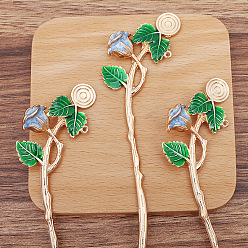 Light Sky Blue Alloy Enamel Flower Hair Sticks, Cabochons Setting with Loop, Long-Lasting Plated Hair Accessories for Women, Light Sky Blue, 172x37mm, Tray: 12mm