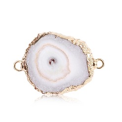 White Natural Druzy Agate Connector Charms, with Golden Plated Brass Edge, Dyed, Nuggets Links, White, 25~35mm