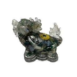 Moss Agate Resin Dragon Display Decoration, with Natural Moss Agate Chips Inside for Home Office Desk Decoration, 60x30x40mm