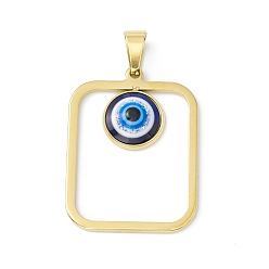 Midnight Blue Vacuum Plating 304 Stainless Steel Resin Pendants, Golden, Rectangle Charms with Evil Eye, Midnight Blue, 37.5x28x4.5mm, Hole: 9x4.5mm