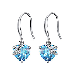 Deep Sky Blue Cubic Zirconia Heart Dangle Earrings, Real Platinum Plated Rhodium Plated 925 Sterling Silver Earrings for Women, Deep Sky Blue, 26mm