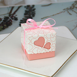 Pink Square Foldable Creative Paper Gift Box, Candy Boxes, Heart Pattern with Ribbon, Decorative Gift Box for Wedding, Pink, 5.2x5.2x5cm