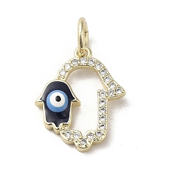Prussian Blue Brass Micro Pave Cubic Zirconia Pendants, with Enamel, with Jump Ring, Real 18K Gold Plated, Hamsa Hand/Hand of Miriam with Evil Eye, Prussian Blue, 16.5x13.5x2mm, Hole: 4mm